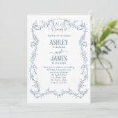 Invitation Mariage à la vigne de rose décousue bleu monogramm (Debout devant)