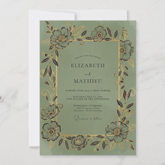 Invitation Mariage à la vigne or olive (Devant)