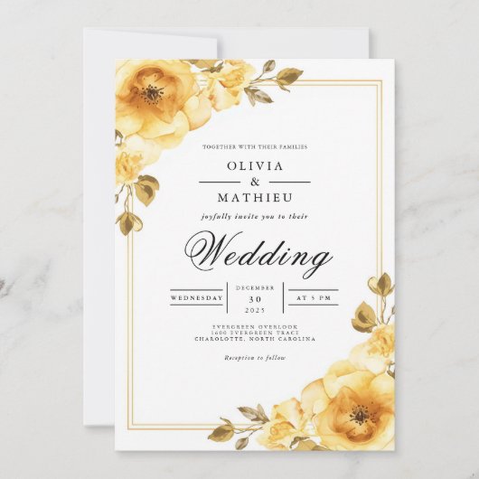 Invitation Mariage à l'Accent Floral Doré (Devant)