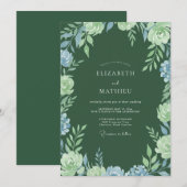 Invitation Mariage à l'accent floral vert émeraude (Devant / Derrière)