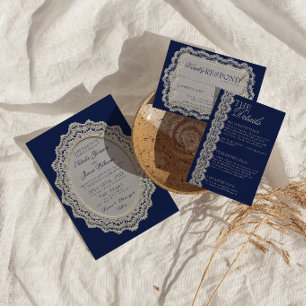Invitation Mariage à l'ancienne bleu marine Broderie dentelle