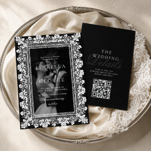 Invitation Mariage à l'ancienne en dentelle QR Photo noir et