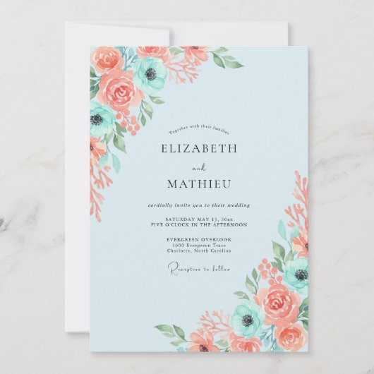 Invitation Mariage à l'anémone aqua corail (Devant)