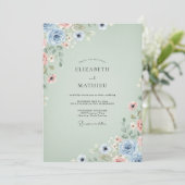 Invitation Mariage à l'Anémone Aquarelle Céladon (Debout devant)