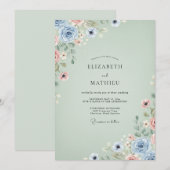 Invitation Mariage à l'Anémone Aquarelle Céladon (Devant / Derrière)