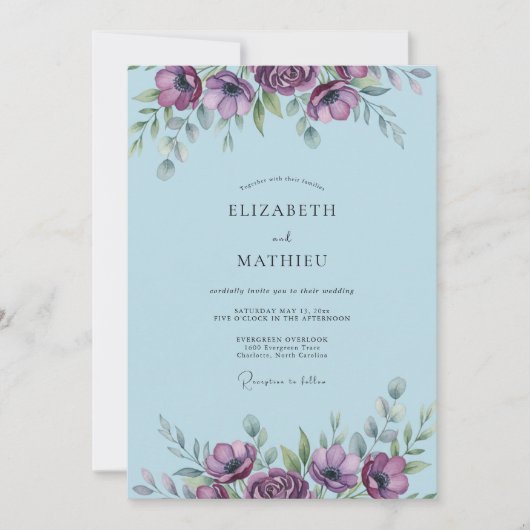 Invitation Mariage à l'anémone Bleu Ardoise Poudré (Devant)
