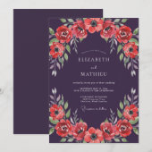 Invitation Mariage à l'anémone corail prune (Devant / Derrière)