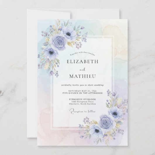 Invitation Mariage à l'anémone dorée et au bleu pervenche (Devant)