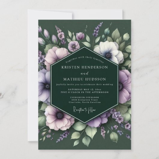 Invitation Mariage à l'anémone mauve émeraude (Devant)