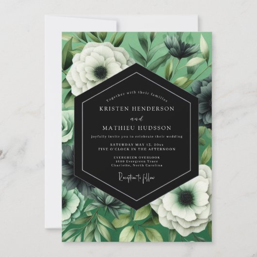 Invitation Mariage à l'Anémone Noir Emeraude (Devant)