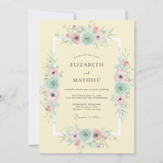 Invitation Mariage à l'anémone rose jaune pâle (Devant)