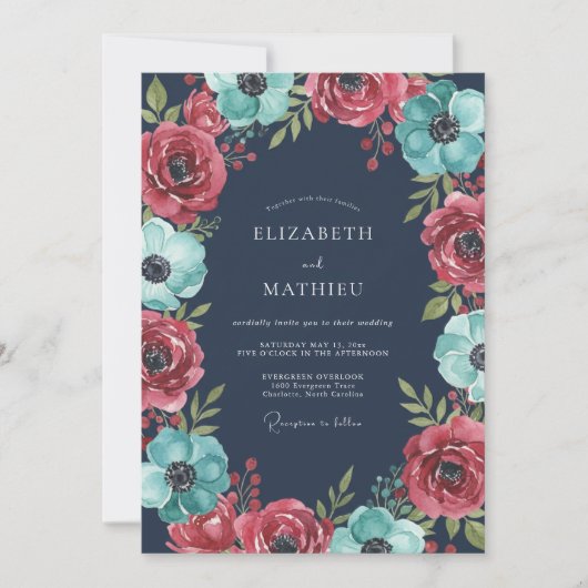 Invitation Mariage à l'anémone sarcelle cramoisie (Devant)