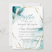Invitation Mariage à l'aquarelle à l'encre d'alcool sarcelle (Devant)