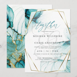 Invitation Mariage à l'aquarelle à l'encre d'alcool sarcelle 