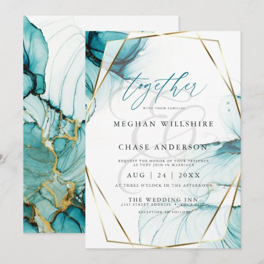 Invitation Mariage à l'aquarelle à l'encre d'alcool sarcelle (Devant / Derrière)