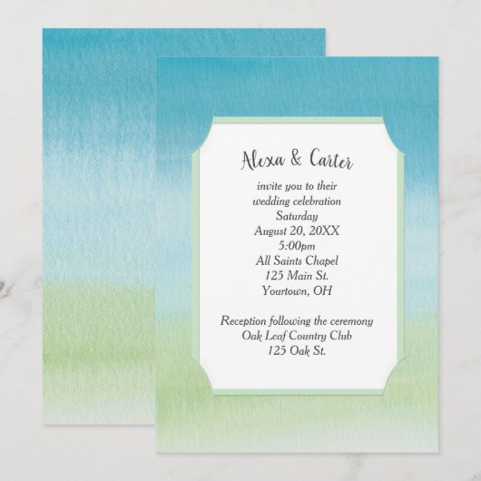 Invitation Mariage à l'aquarelle Aqua et Vert (Devant / Derrière)