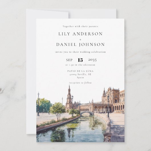 Invitation Mariage à l'aquarelle avec QR Code à Séville en Es (Devant)