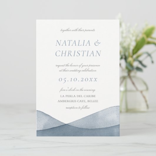 Invitation Mariage à l'aquarelle bleue trempée (Debout devant)