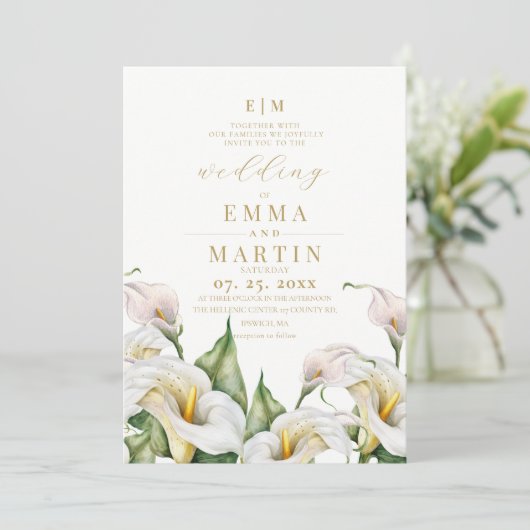 Invitation Mariage à l'aquarelle botanique au lys calla (Debout devant)