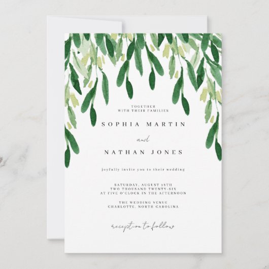 Invitation Mariage à l'aquarelle botanique feuille verte (Devant)