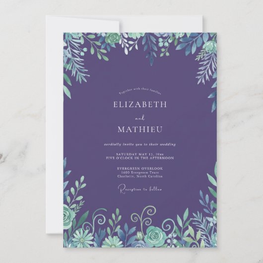 Invitation Mariage à l'aquarelle de feuillage d'améthyste (Devant)