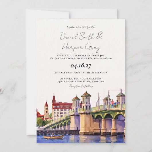Invitation Mariage à l'aquarelle de St Augustine Floride (Devant)