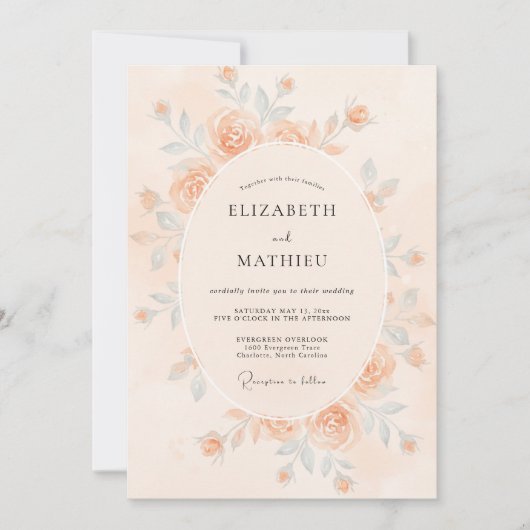 Invitation Mariage à l'aquarelle délicate pêche (Devant)