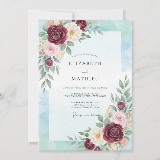 Invitation Mariage à l'aquarelle Divine Bourgogne (Devant)