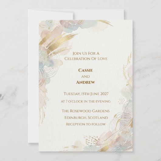 Invitation Mariage à l'aquarelle dorée pastel abstrait (Devant)