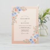 Invitation Mariage à l'aquarelle douce Bleu Pêche (Debout devant)