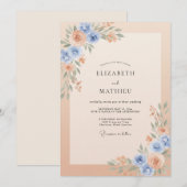 Invitation Mariage à l'aquarelle douce Bleu Pêche (Devant / Derrière)