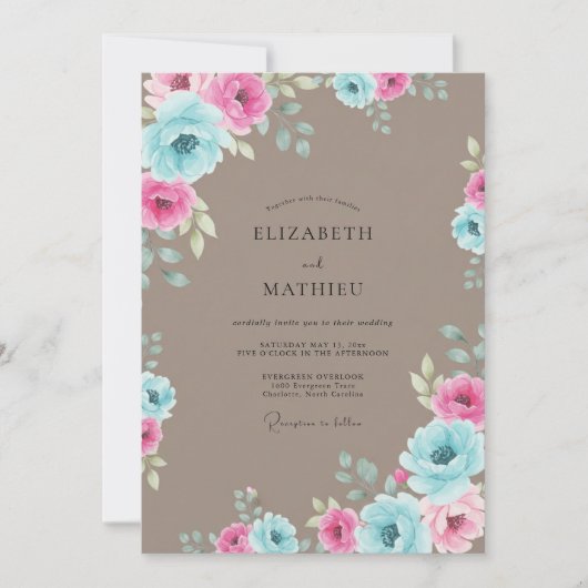 Invitation Mariage à l'aquarelle douce Taupe (Devant)