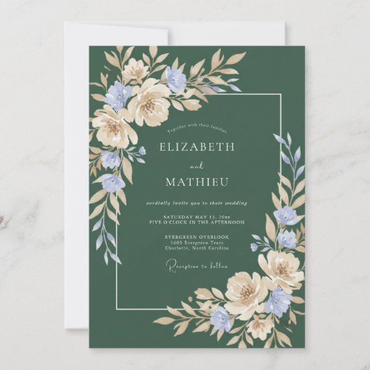 Invitation Mariage à l'aquarelle émeraude et pervenche (Devant)