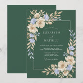 Invitation Mariage à l'aquarelle émeraude et pervenche (Devant / Derrière)
