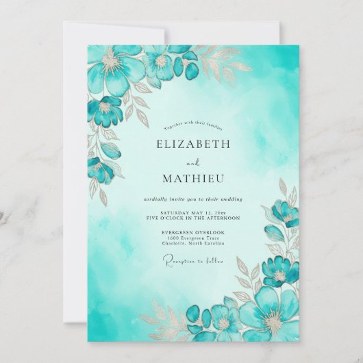 Invitation Mariage à l'aquarelle éthérée sarcelle (Devant)