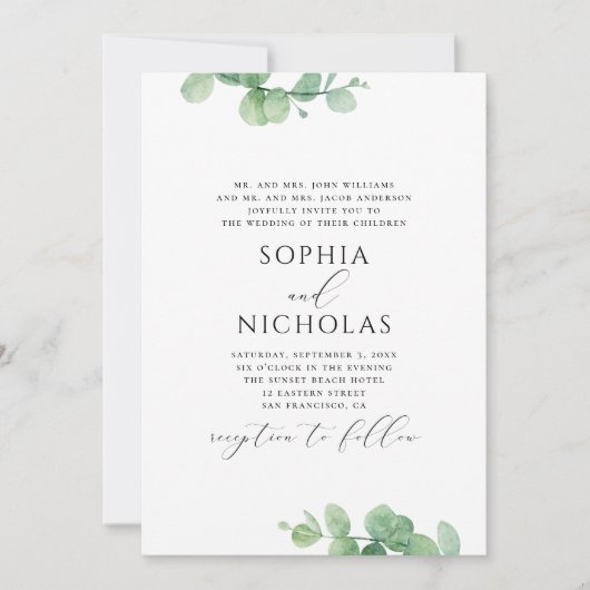 Invitation Mariage à l'aquarelle eucalyptus. Feuillage verdur (Devant)