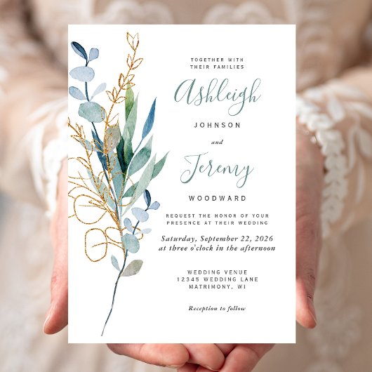 Invitation Mariage à l'aquarelle Eucalyptus Vert Or