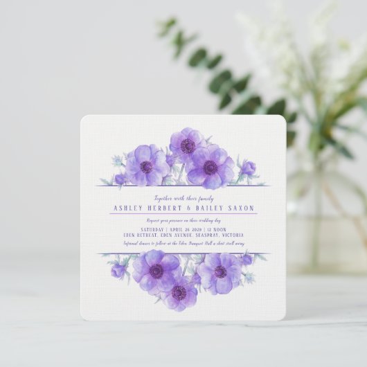Invitation Mariage à l'aquarelle fleurie d'anémone violet inv (Debout devant)