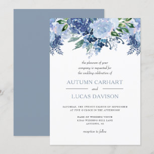 Invitation Mariage à l'aquarelle florale bleu poussiéreux