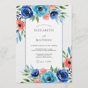 Invitation Mariage à l'aquarelle florale marine
