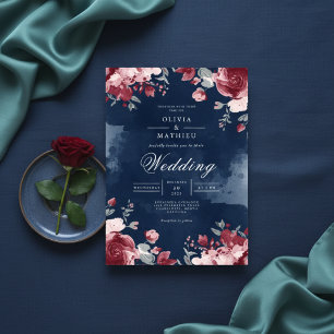 Invitation Mariage à l'aquarelle florale prune profonde