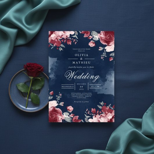 Invitation Mariage à l'aquarelle florale prune profonde