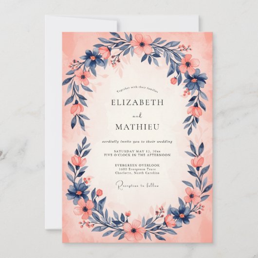 Invitation Mariage à l'aquarelle Indigo Pêche Sérène (Devant)
