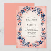Invitation Mariage à l'aquarelle Indigo Pêche Sérène (Devant / Derrière)