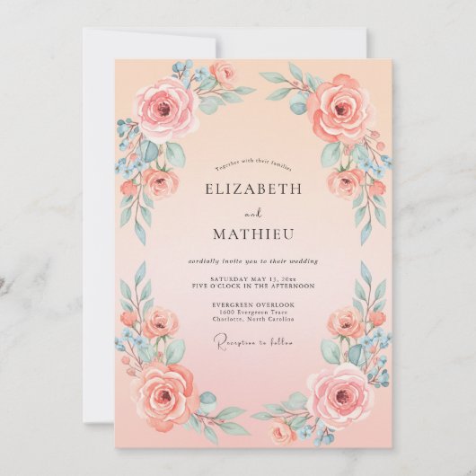 Invitation Mariage à l'aquarelle intemporel pêche (Devant)