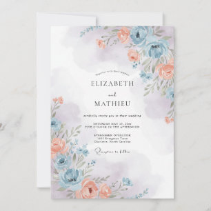 Invitation Mariage à l'aquarelle lyrique bleu poussiéreux