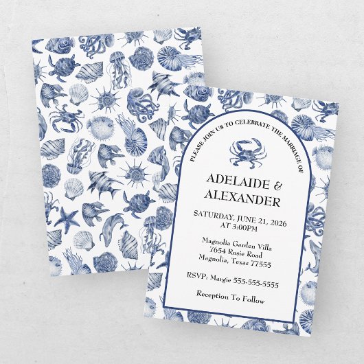 Invitation Mariage à l'aquarelle moderne bleu côtier de plage
