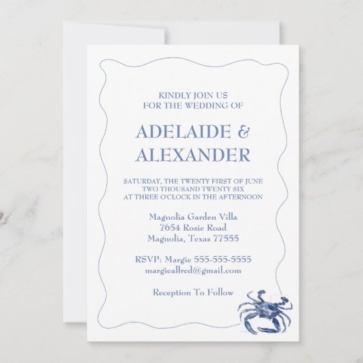 Invitation Mariage à l'aquarelle moderne bleu côtier de plage (Devant)