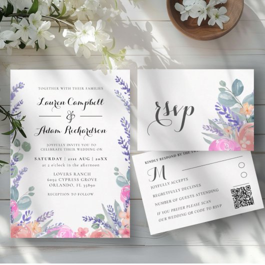 Invitation Mariage à l'aquarelle moderne Eucalyptus & Lavande
