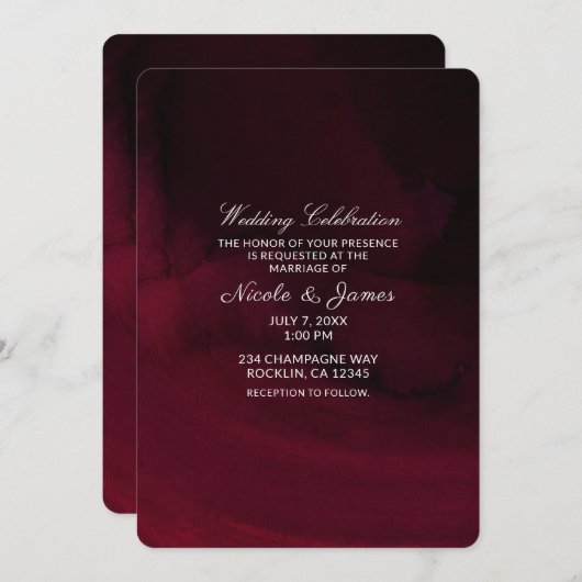 Invitation Mariage à l'aquarelle moderne marron bordeaux (Devant / Derrière)